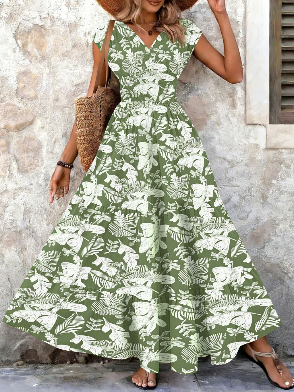 2026 Amazon Cross-Border Export Retro Printed Dress Fashionable And Elegant V Neck Short-Sleeved Dress Women's Dress