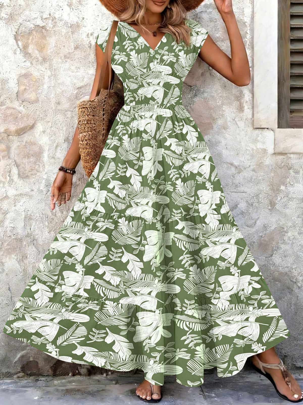 2026 Amazon Cross-Border Export Retro Printed Dress Fashionable And Elegant V Neck Short-Sleeved Dress Women's Dress