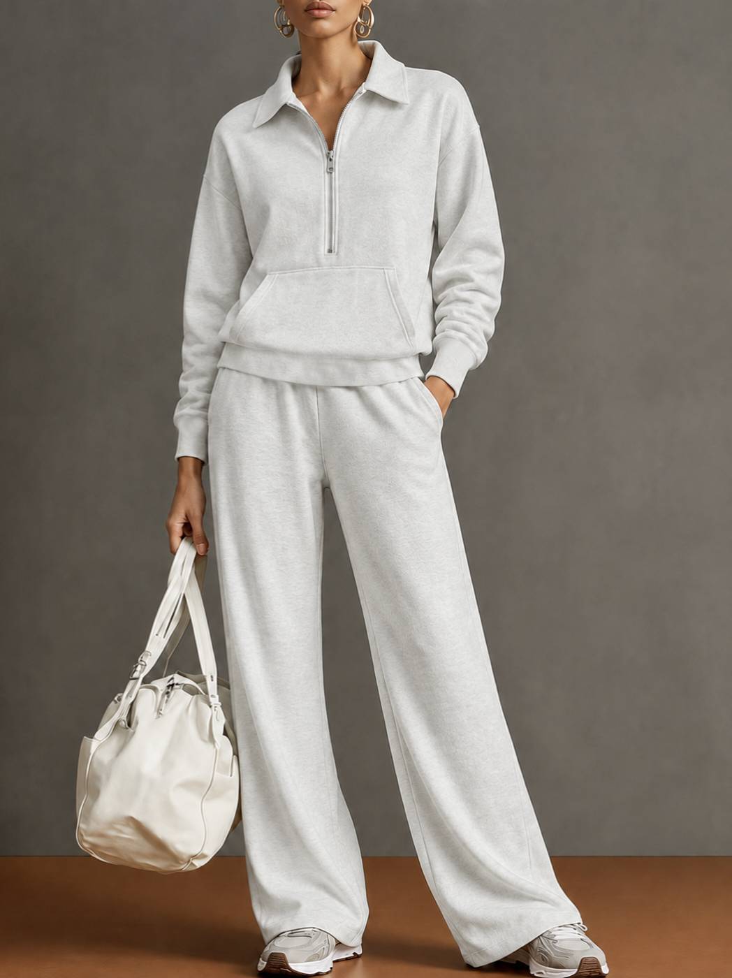 Autumn And Winter New Cross-Border European And American Women's Clothing Lapel Half-Zip Sweatshirt Loose Casual Wide-Leg Pants Two-Piece Set For Women