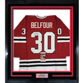 Framed Autographed/Signed Ed Belfour 35x39 Chicago Red Hockey Jersey JSA COA