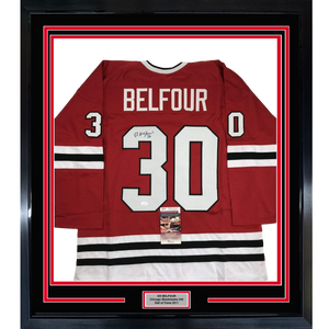 Framed Autographed/Signed Ed Belfour 35x39 Chicago Red Hockey Jersey JSA COA
