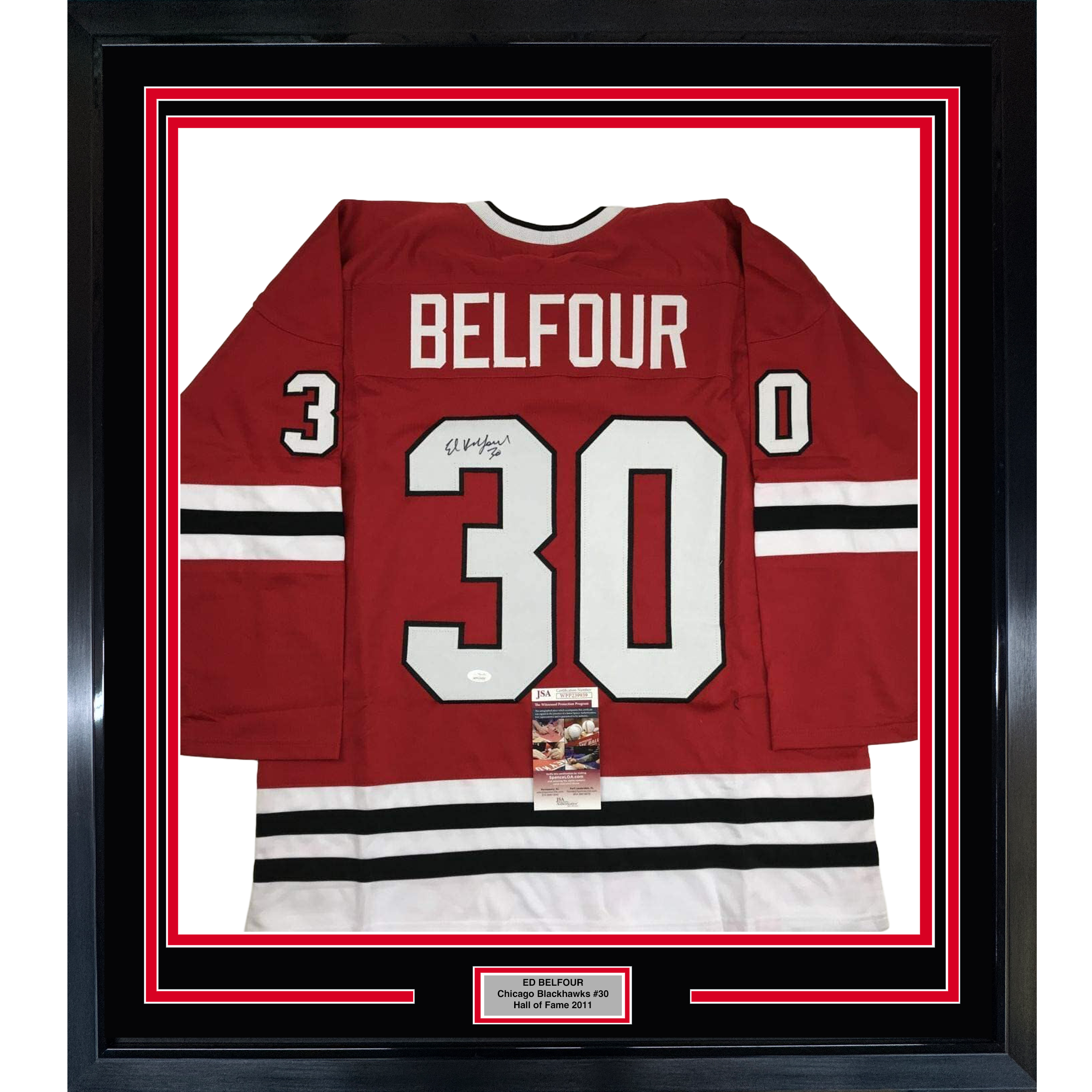 Framed Autographed/Signed Ed Belfour 35x39 Chicago Red Hockey Jersey JSA COA
