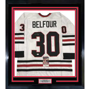 Framed Autographed/Signed Ed Belfour 35x39 Chicago White Hockey Jersey JSA COA