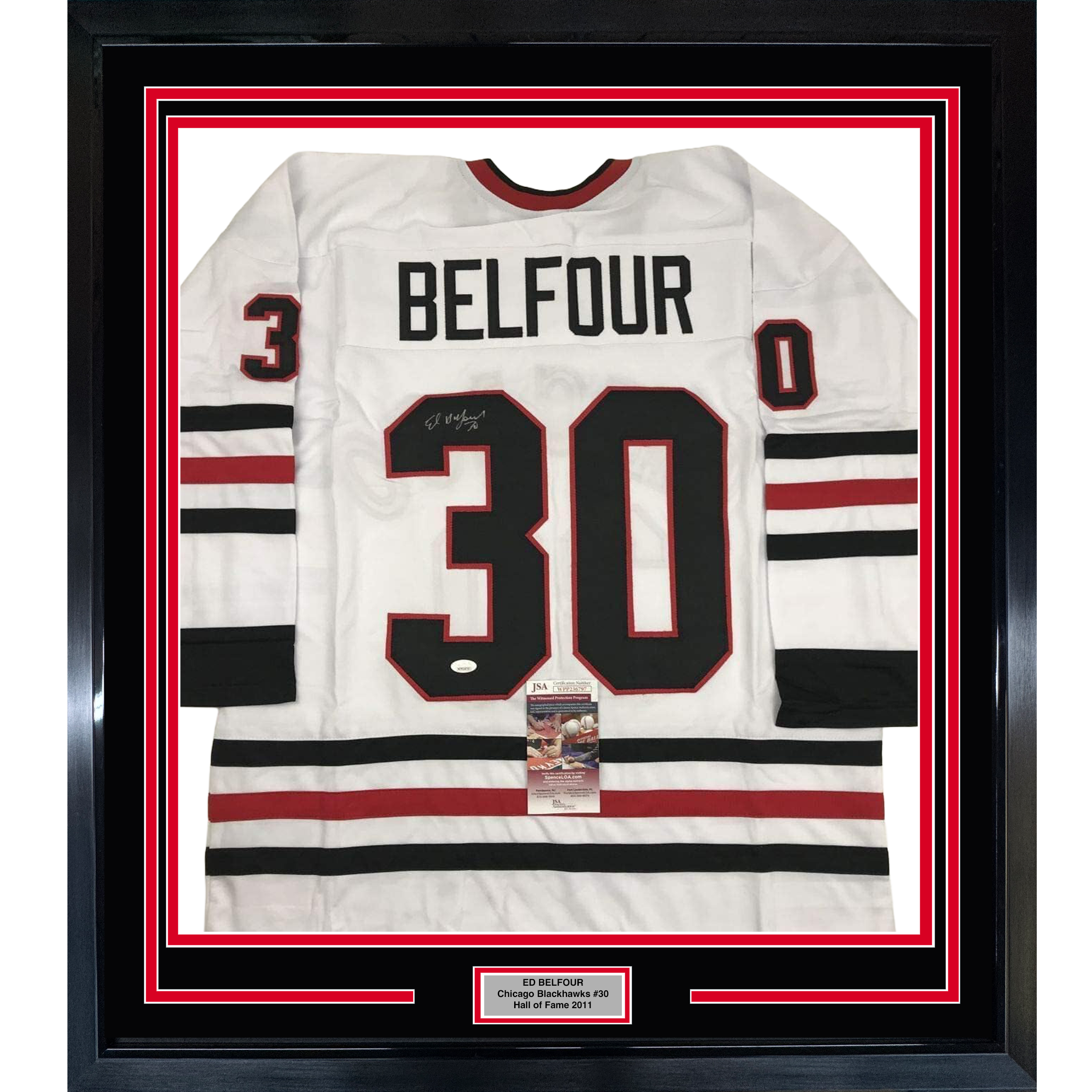 Framed Autographed/Signed Ed Belfour 35x39 Chicago White Hockey Jersey JSA COA