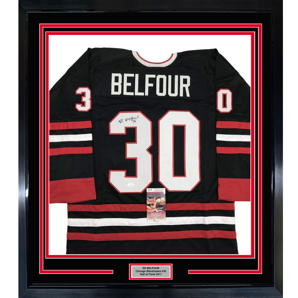 Framed Autographed/Signed Ed Belfour 35x39 Chicago Black Hockey Jersey JSA COA