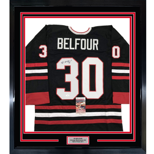 Framed Autographed/Signed Ed Belfour 35x39 Chicago Black Hockey Jersey JSA COA