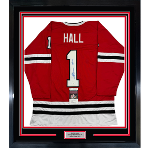 Framed Autographed/Signed Glenn Hall 35x39 Chicago Red Hockey Jersey JSA COA