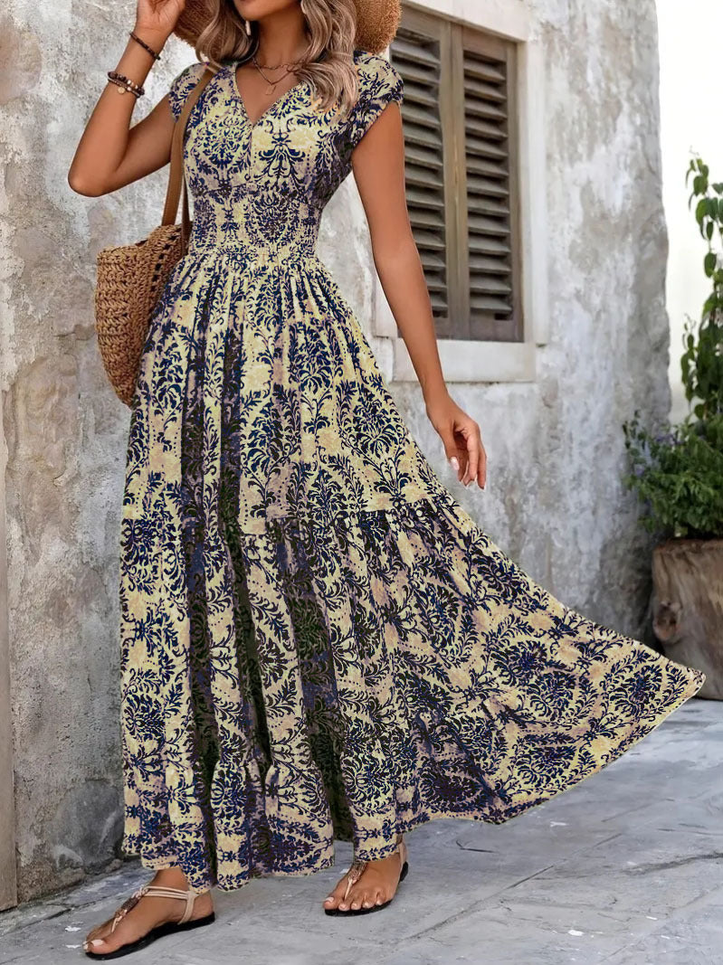 2026 Amazon Cross-Border Export Retro Printed Dress Fashionable And Elegant V Neck Short-Sleeved Dress Women's Dress
