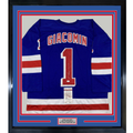 Framed Autographed/Signed Eddie Giacomin HOF 87 35x39 New York Blue Hockey Jersey JSA COA