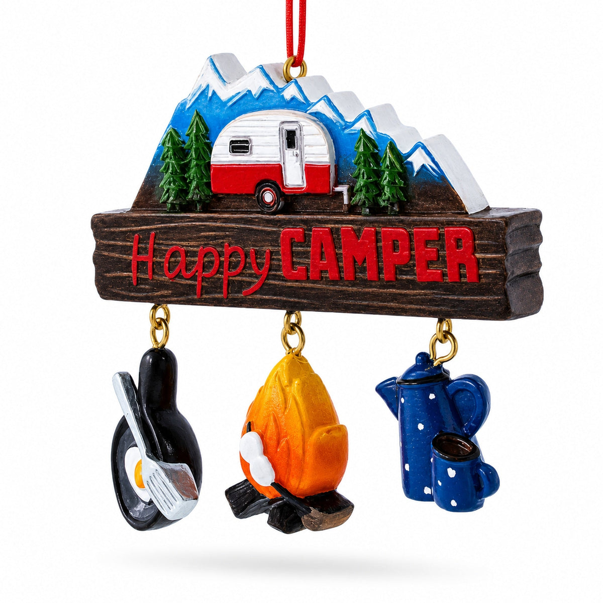 Happy Camper Retro RV Mountain Sign Resin Christmas Ornament