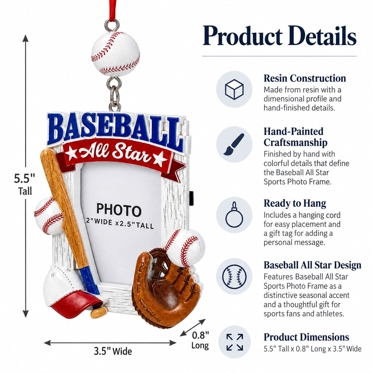 Baseball All Star Picture Frame Resin Christmas Ornament