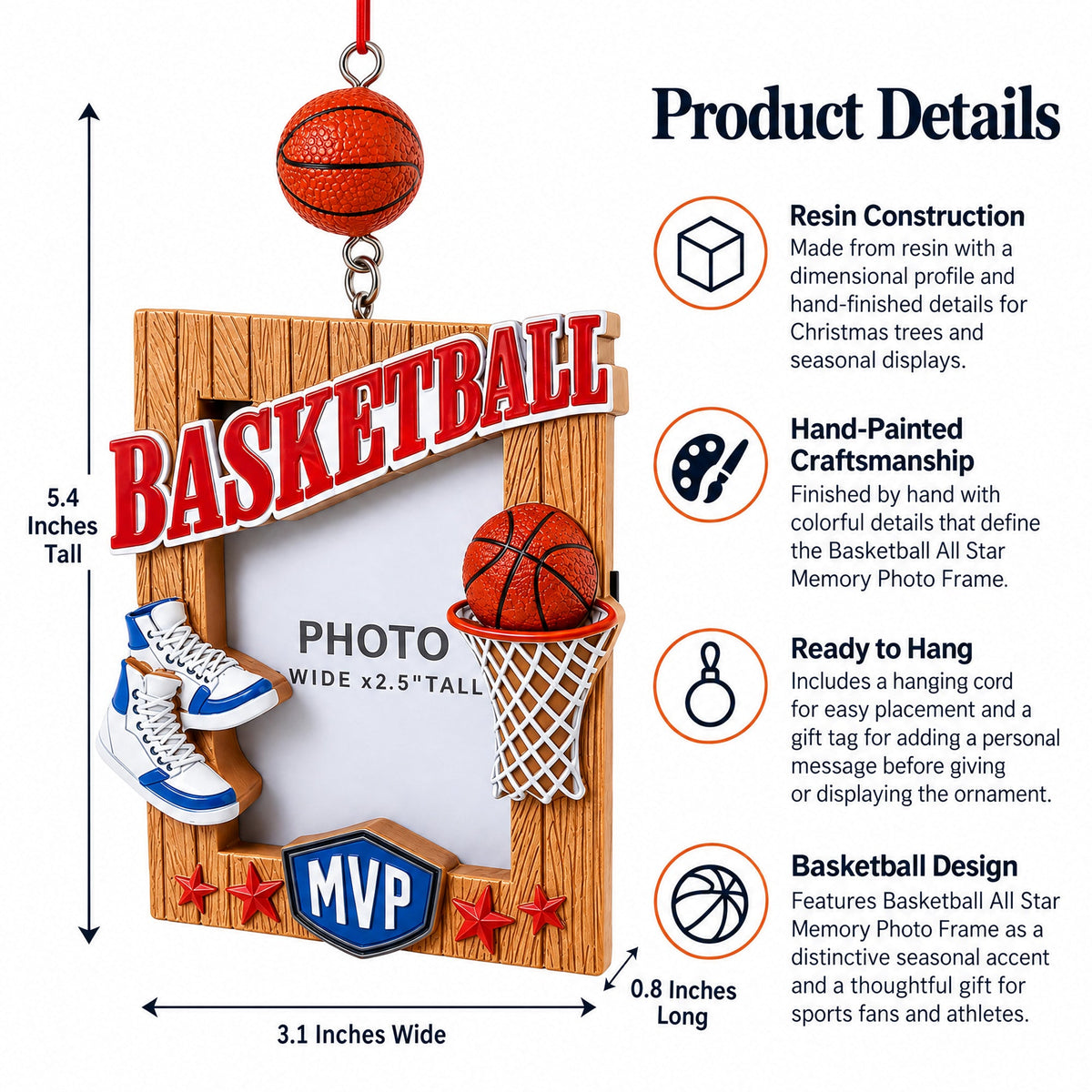 Basketball MVP Hoop Picture Frame Resin Christmas Ornament