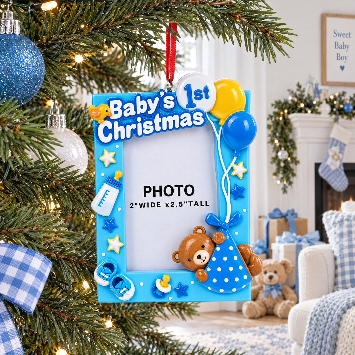 Blue Baby's 1st Christmas Picture Frame Resin Christmas Ornament