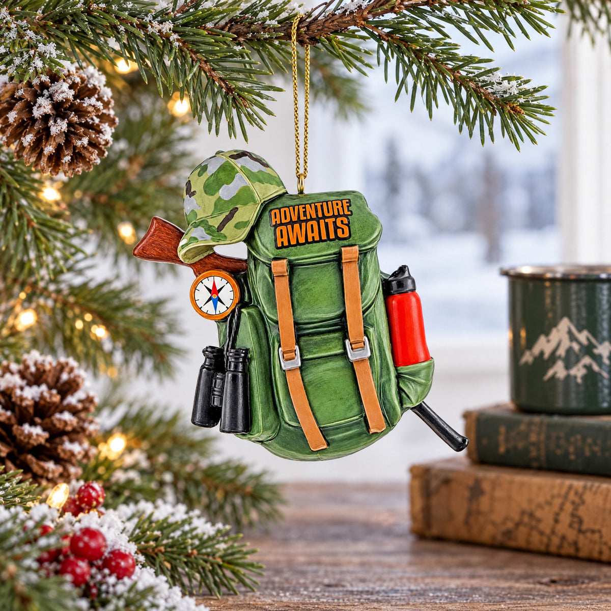Hiking Camping Adventure Backpack Camo Binoculars Resin Christmas Ornament