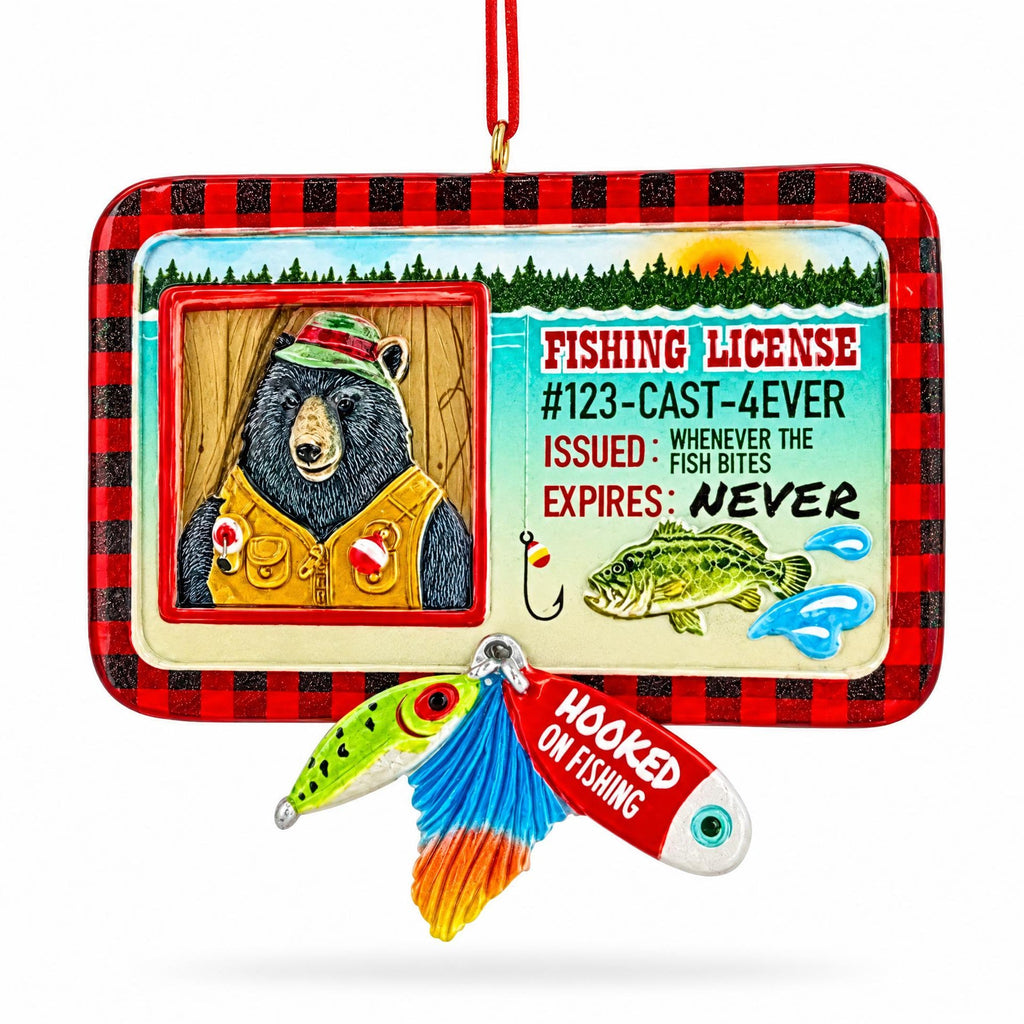 Bear's Fishing License With Lures Resin Christmas Ornament
