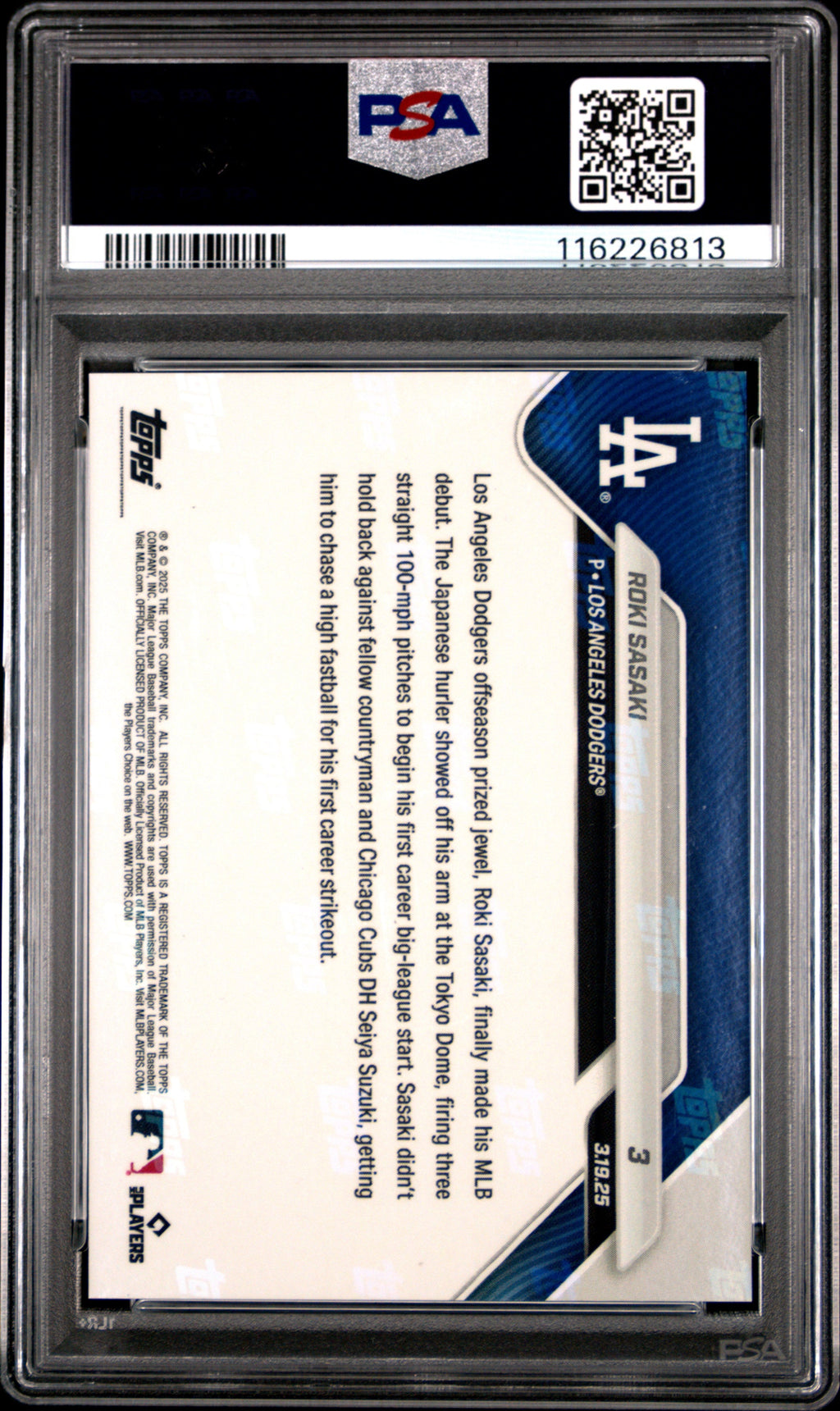 Graded 2025 Topps Now Roki Sasaki #3 Rookie RC Baseball Card PSA 8 Near Mint