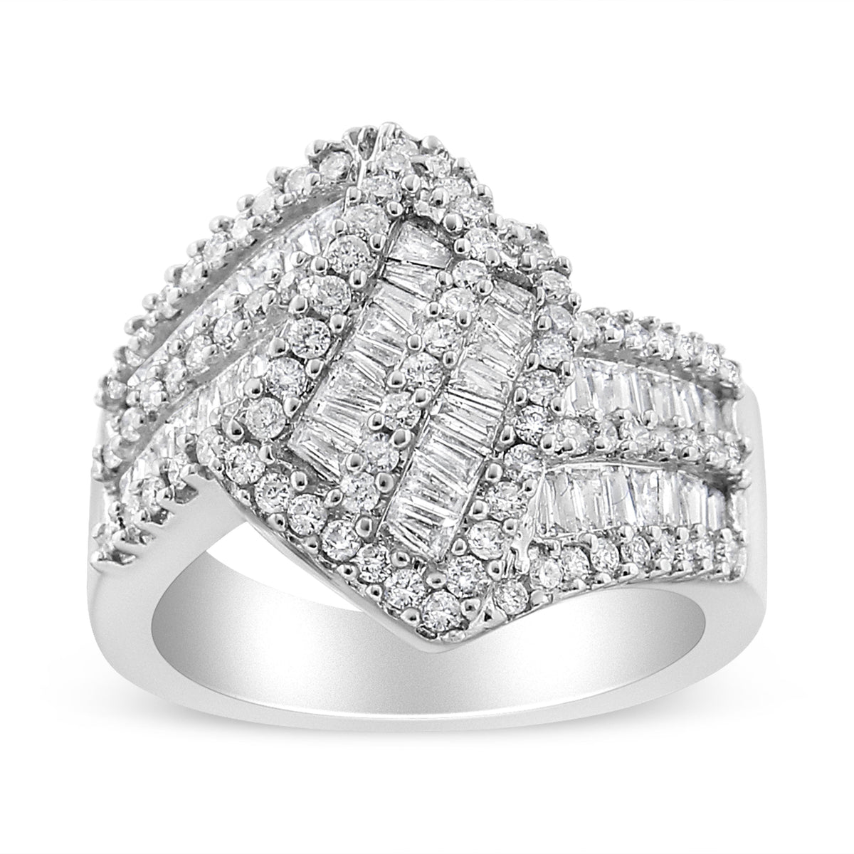 14K White Gold 1-1/2 Cttw Round and Baguette Diamond Bypass Cocktail Ring Band (H-I Color, SI1-SI2 Clarity) - Size 7