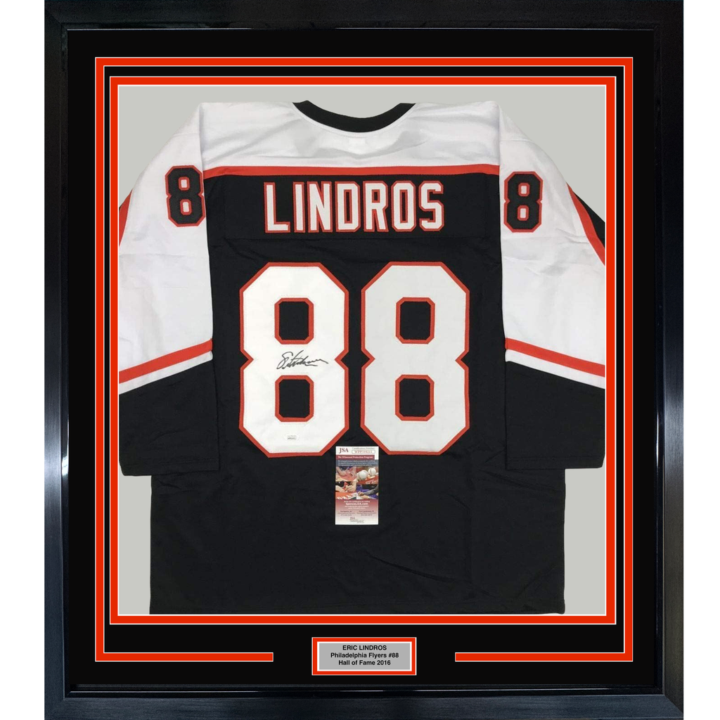 Framed Autographed/Signed Eric Lindros 35x39 Philadelphia Black Hockey Jersey JSA COA