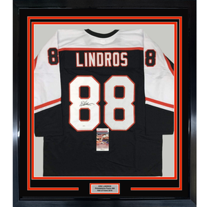 Framed Autographed/Signed Eric Lindros 35x39 Philadelphia Black Hockey Jersey JSA COA