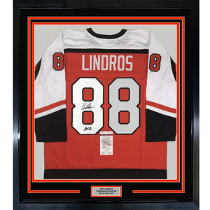 Framed Autographed/Signed Eric Lindros HOF 16 35x39 Philadelphia Orange Hockey Jersey JSA COA