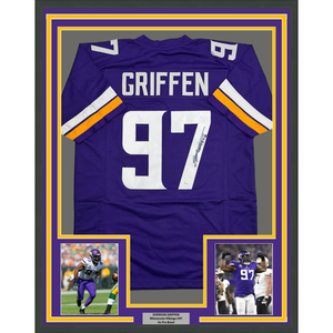 Framed Autographed/Signed Everson Griffen 35x39 Minnesota Purple Football Jersey JSA COA