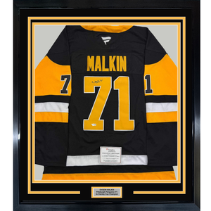 Framed Autographed/Signed Evgeni Malkin 35x39 Pittsburgh Penguins Authentic Black Hockey Jersey Fanatics COA