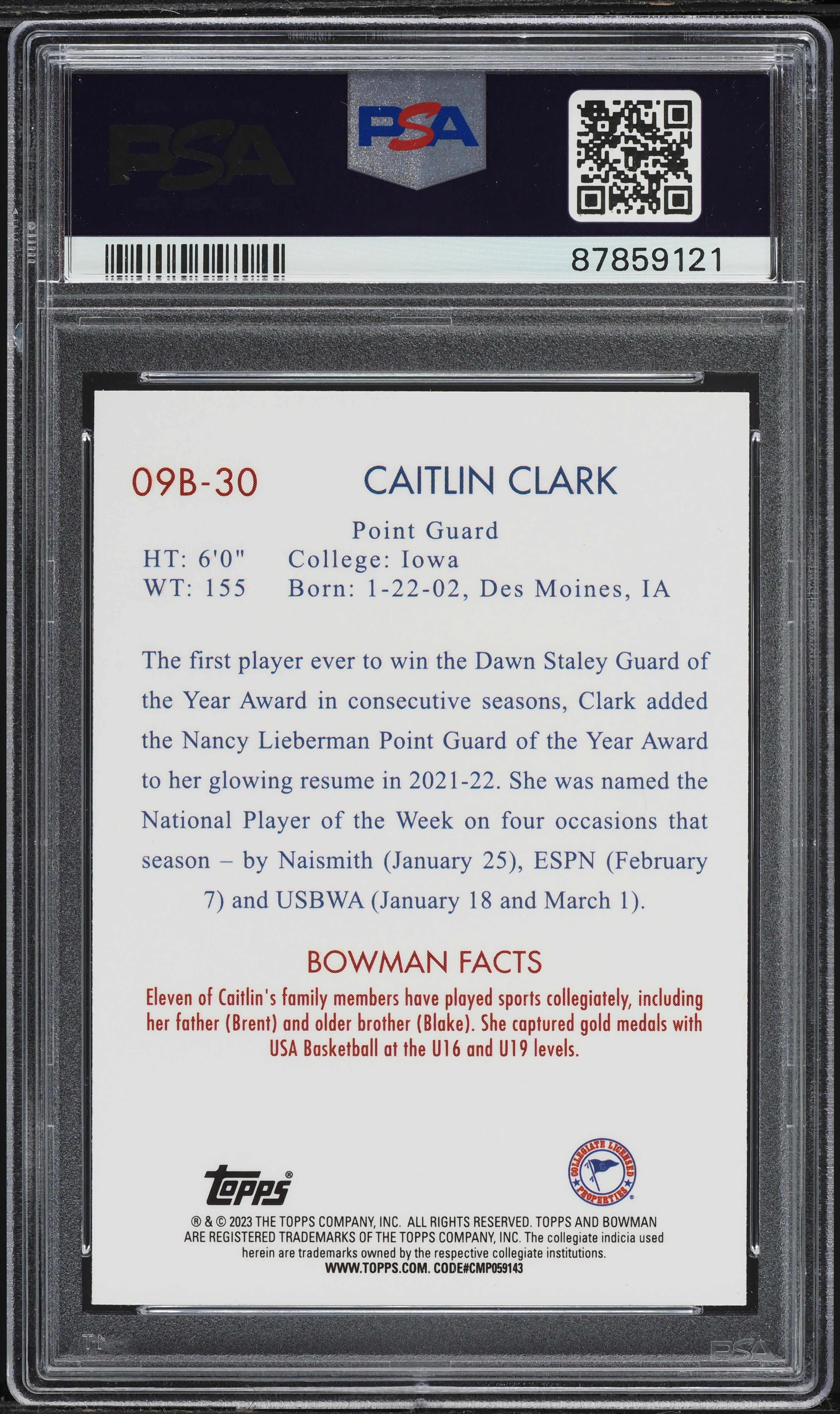 Graded 2022 Topps Bowman University Caitlin Clark #09B30 Rookie RC Basketball Card PSA 8 Near Mint