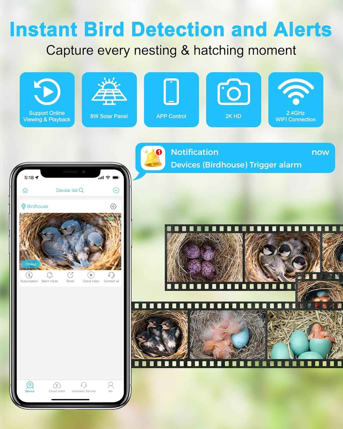 Bird House Camera Solar WiFi 2K HD Smart Birdhouse Motion Detection