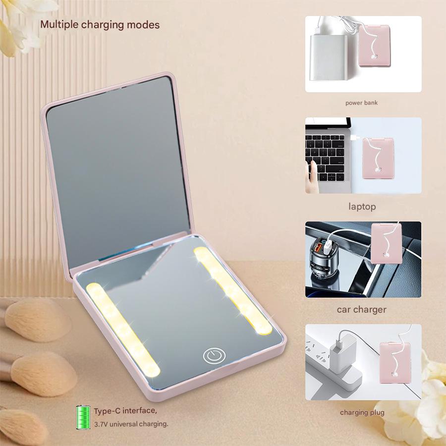 Compact Double-Sided Folding Makeup Mirror Handheld Portable LED Light For Touch-Ups