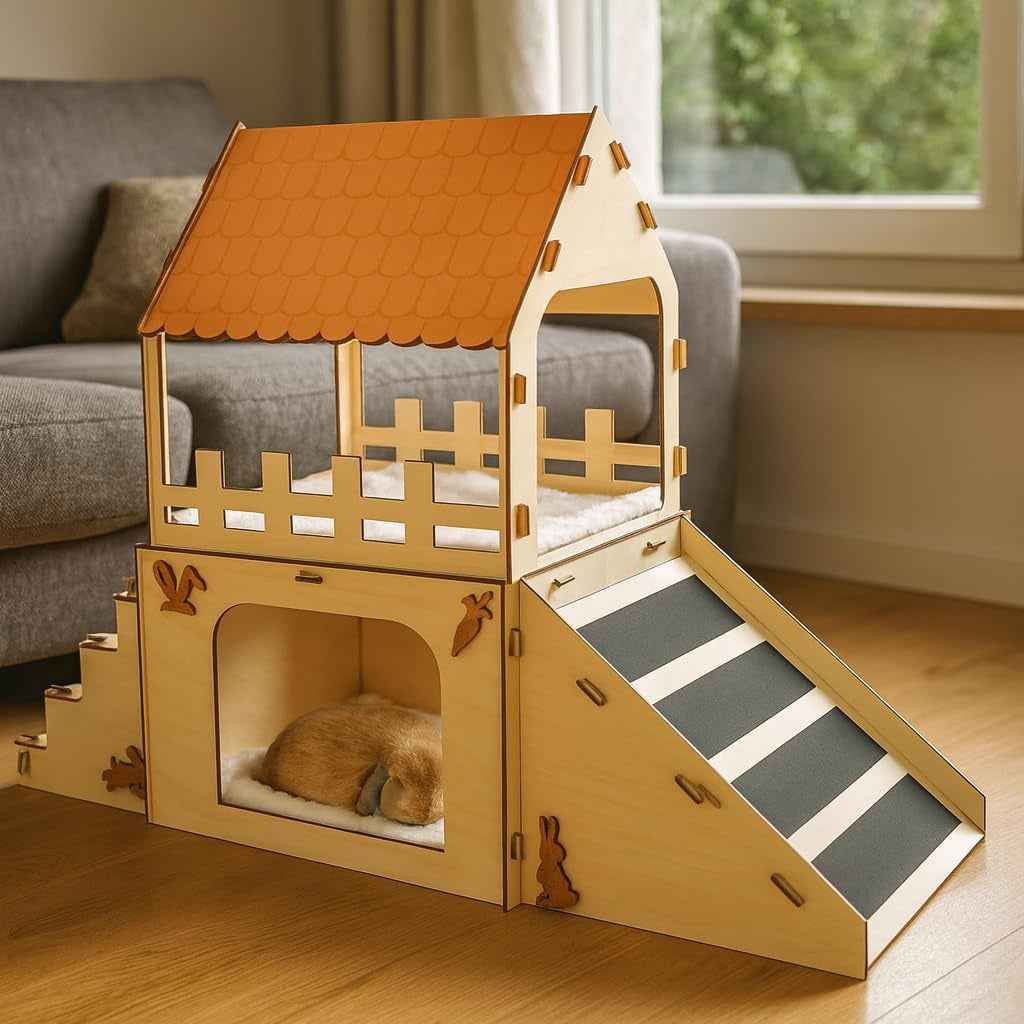 Rabbit Hideout House Wooden Bunny Castle for Small Pets Indoor Cage