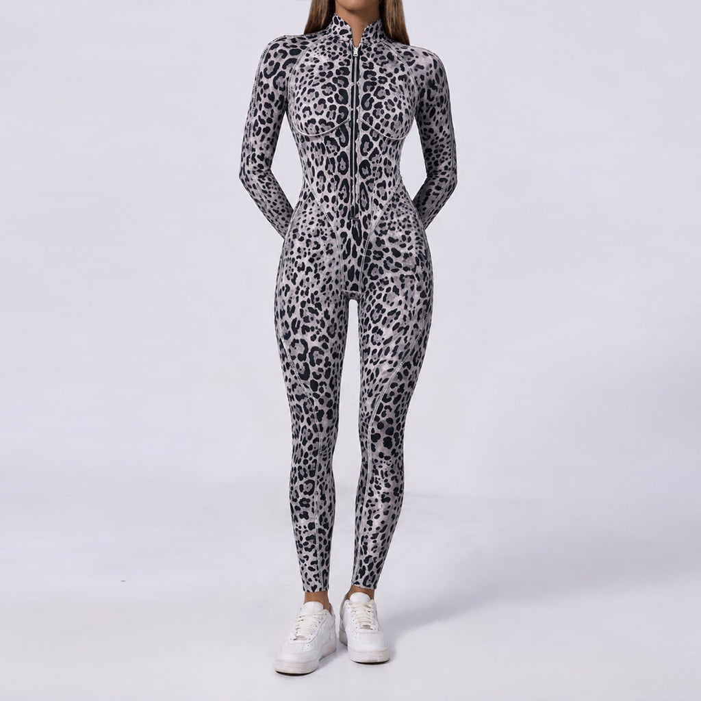 Trendy Leopard-Print Half-Zip Stand-Neck Long-Sleeve Womens Jumpsuit