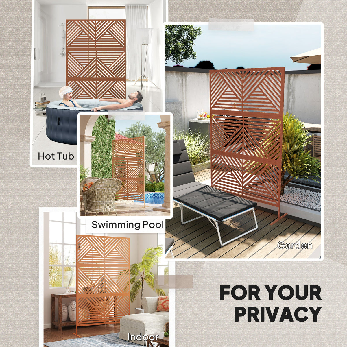Metal Privacy Fence Screen, Outdoor Decorative Trellis with Stand, 3-Panel