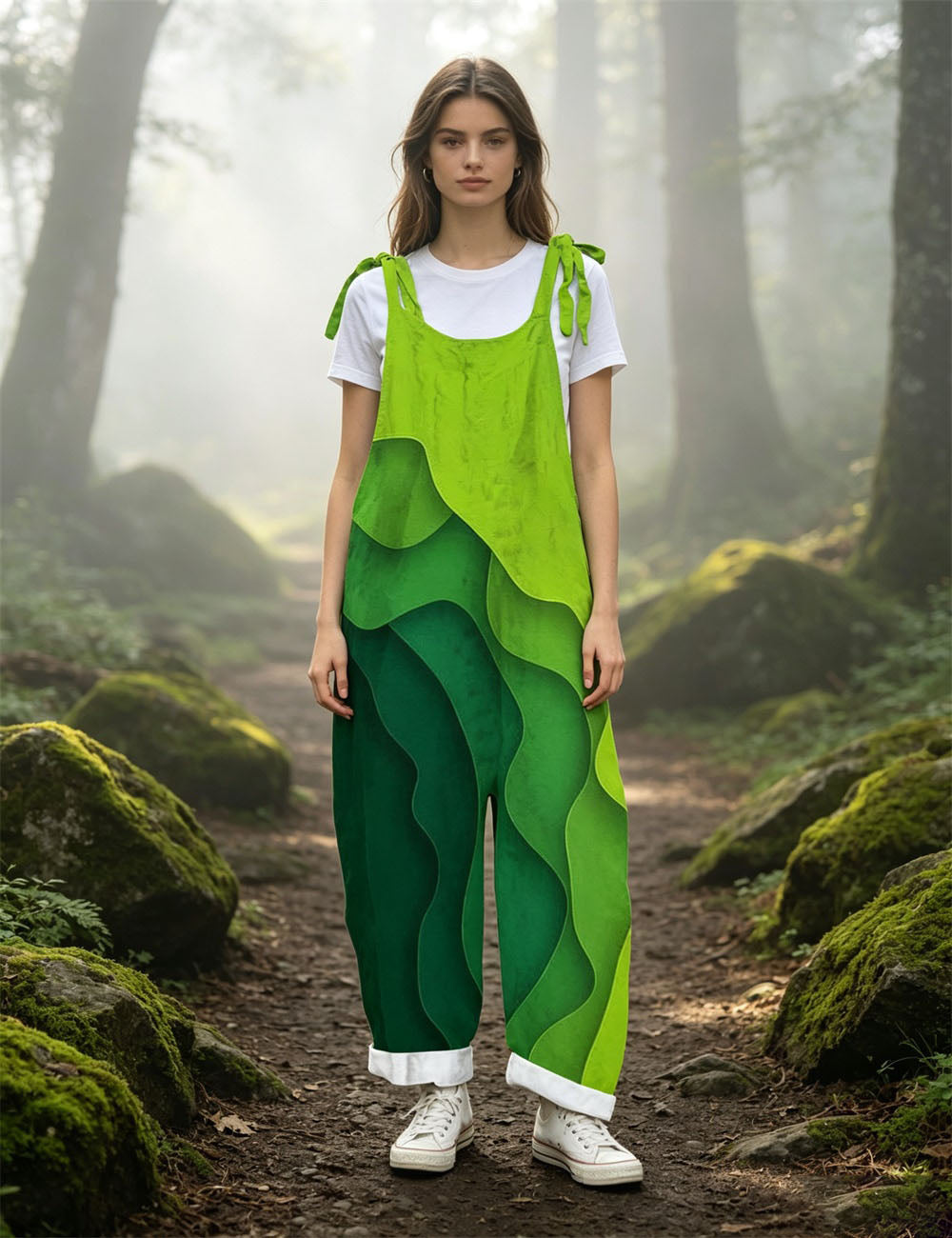 Women Green Gradient Wave Print Tie Strap Overalls, Loose Wide Leg Rolled Cuff Casual Jumpsuit With Pockets
