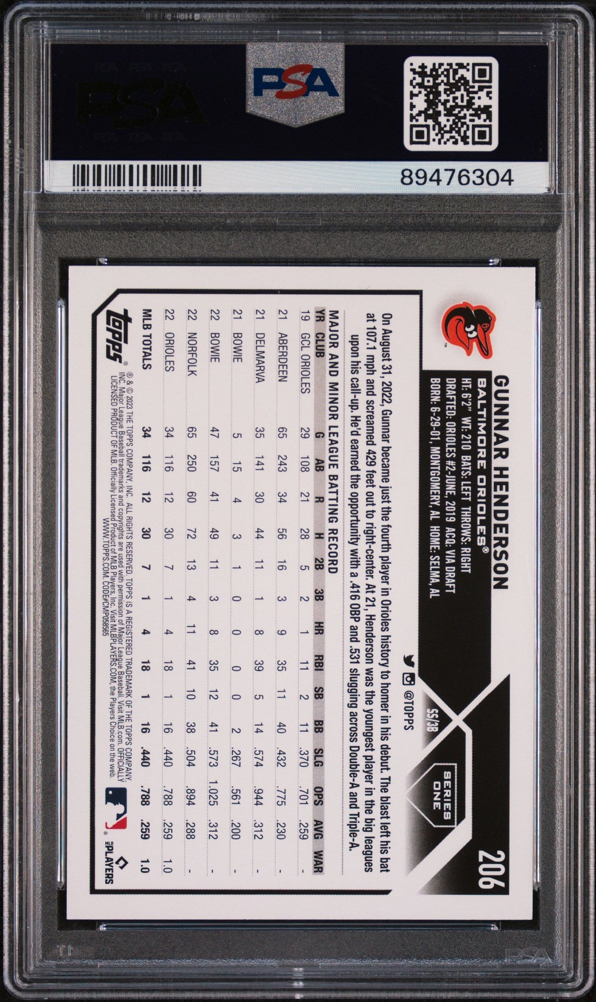 Graded 2023 Topps Gunnar Henderson #206 Rookie RC Baseball Card PSA 10 Gem Mint