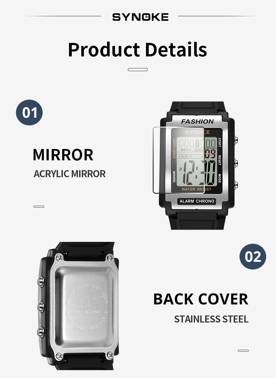 Men's Retro Rectangular Sports Waterproof Luminous Electronic Watch
