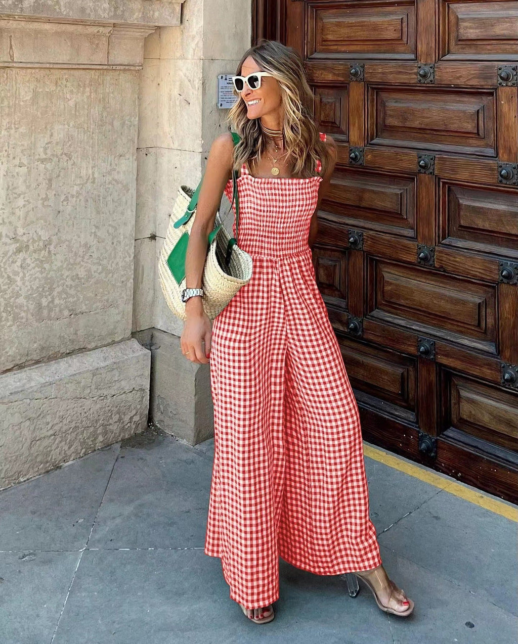 Cross-Border Independent Station Amazon 2022 Summer Elegant Women's Pants Plaid Jumpsuit Mid-Waist Casual Pants