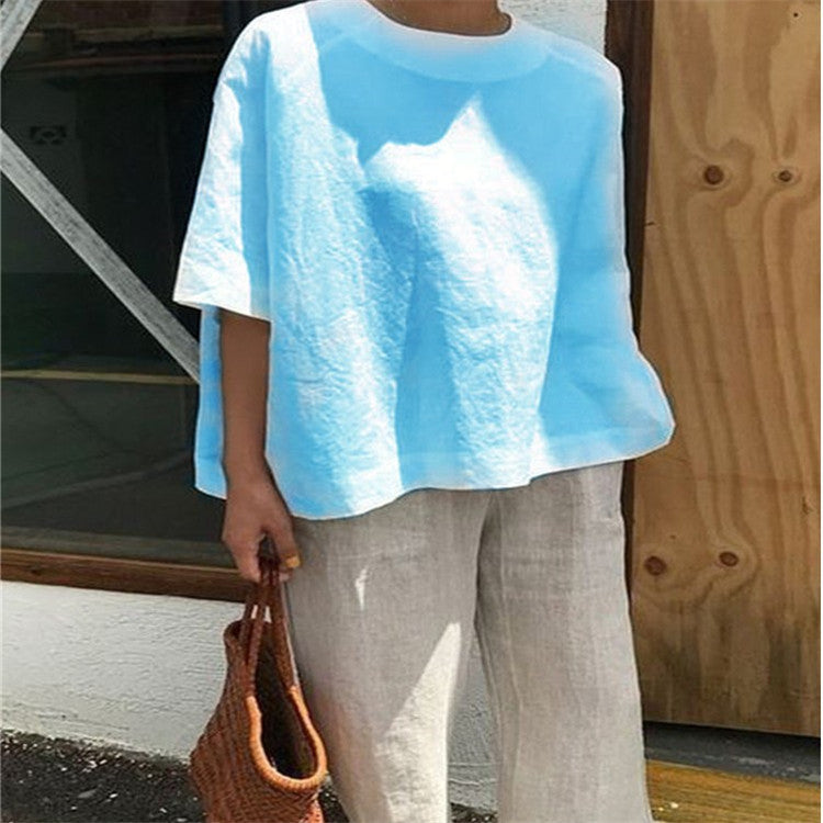 Solid Color Loose Round-neck Women's Shirt, European Style, Casual Style, Short Sleeve, Solid Color