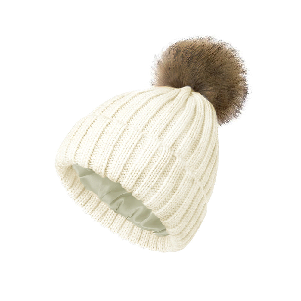 Womens Solid-Color Brimmed Hat With Satin Pom-Pom