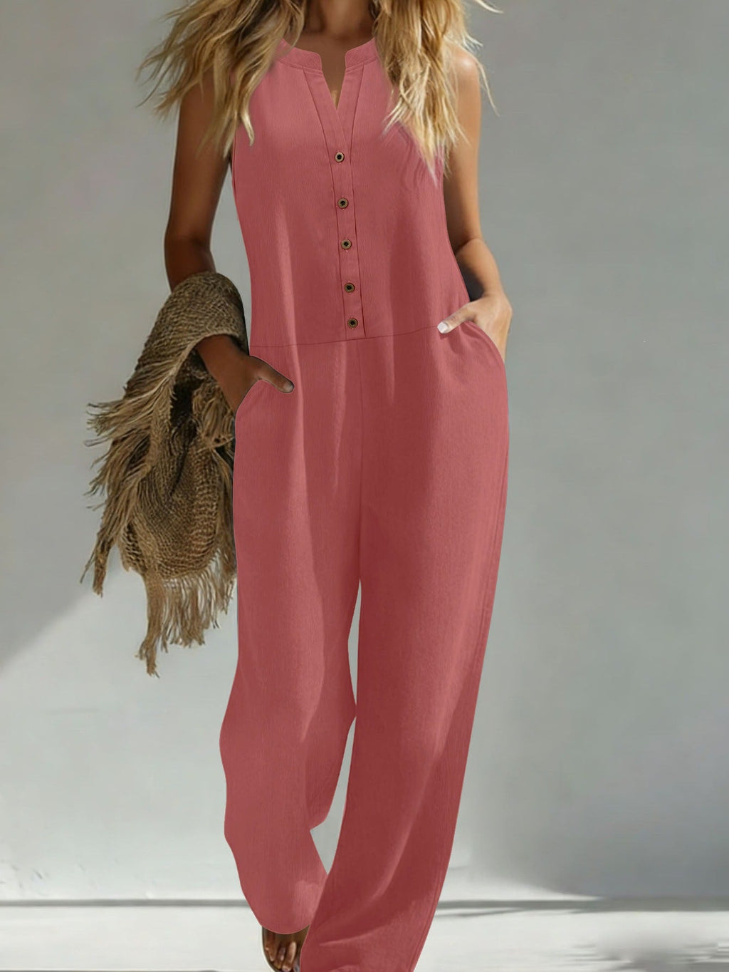 EBay Amazon European And American Cross-border Spring-summer Solid Color Wide-leg Jumpsuit Casual Loose V-neck Buttoned Jumpsuit For Women