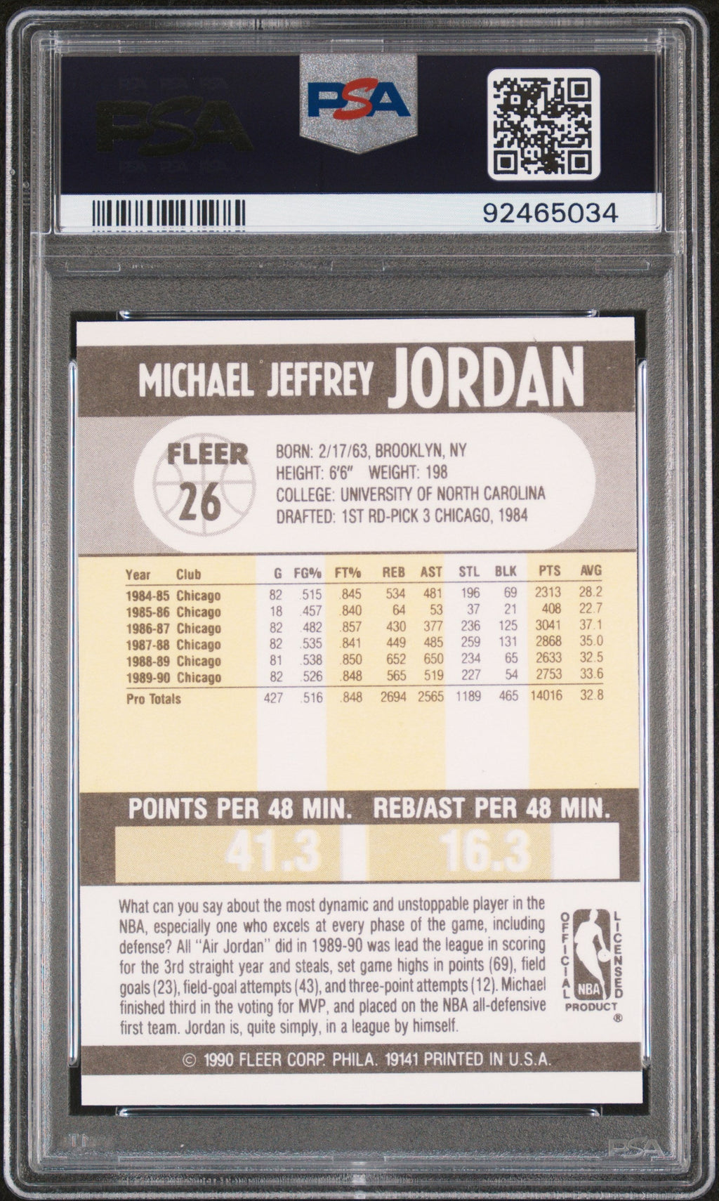 Graded 1990 Fleer Michael Jordan #26 Basketball Card PSA 10 Gem Mint
