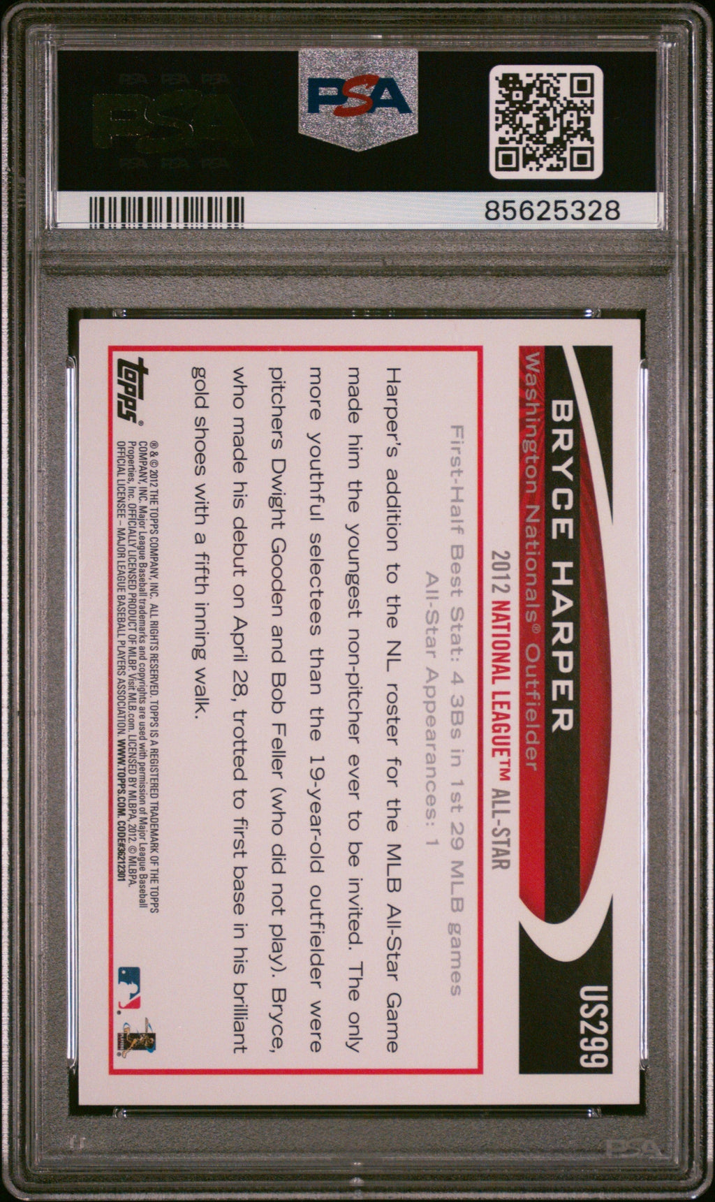 Graded 2012 Topps Update Bryce Harper #US299 Batting Rookie RC Baseball Card PSA 9 Mint
