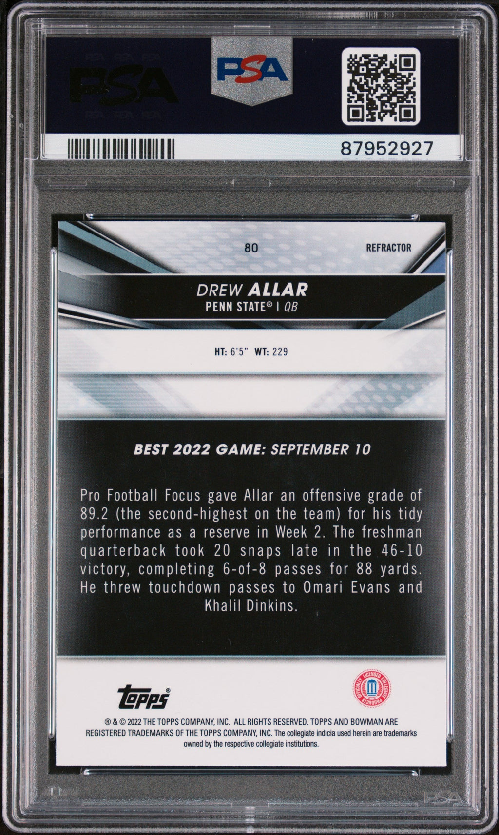 Graded 2022 Topps Bowman Best University Drew Allar #80 Refractor Rookie RC Football Card PSA 10 Gem Mint