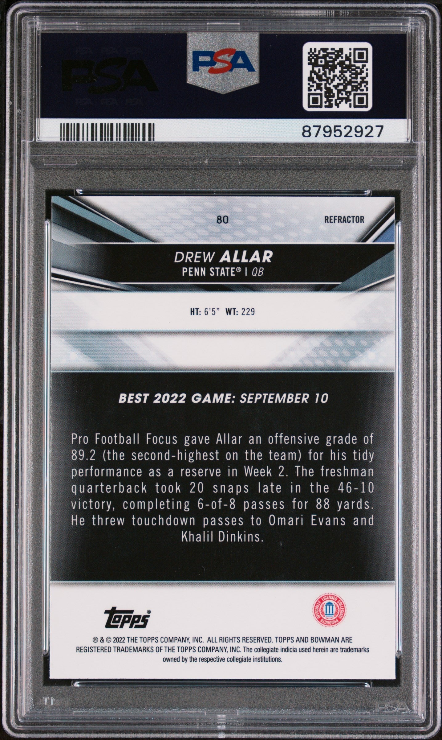 Graded 2022 Topps Bowman Best University Drew Allar #80 Refractor Rookie RC Football Card PSA 10 Gem Mint
