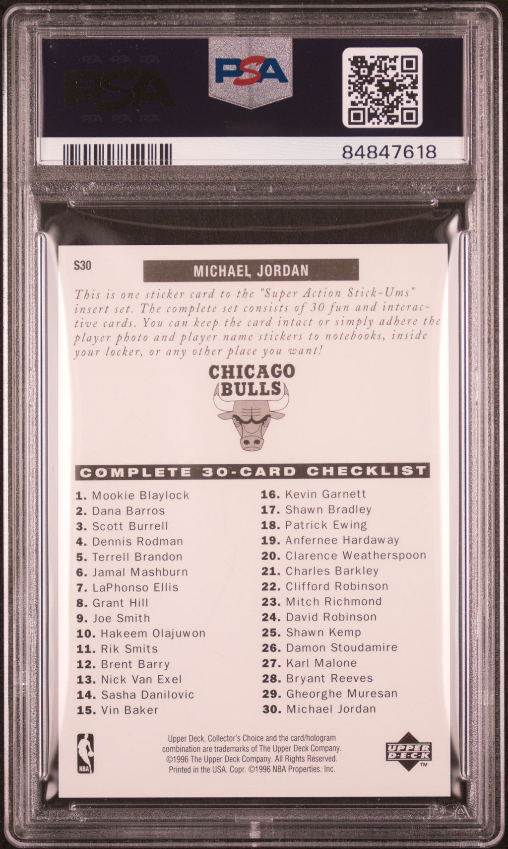 Graded 1996 Upper Deck Collectors Choice Michael Jordan #S30 Stick Ums 1 Red Jersey Basketball Card PSA 10 Gem Mint