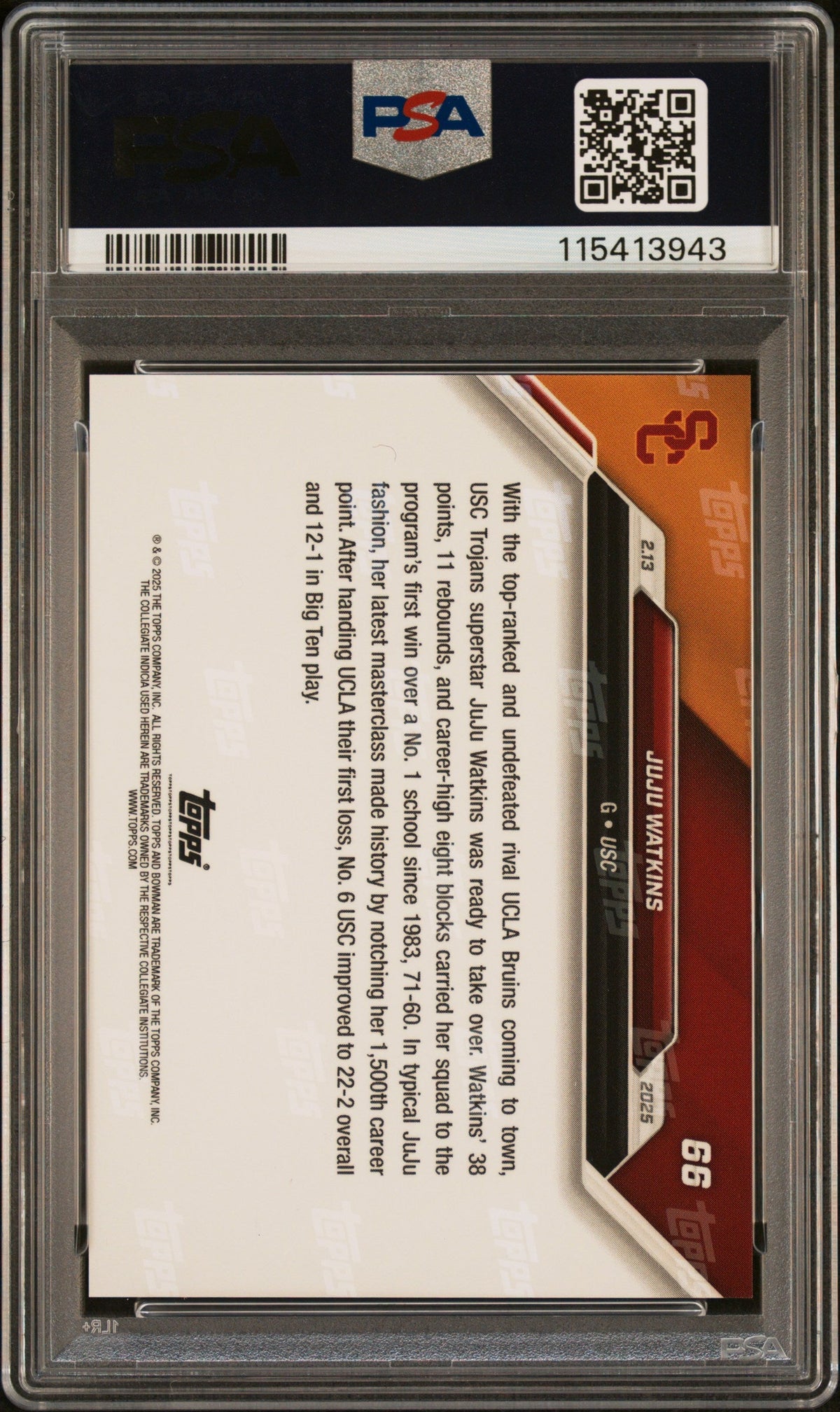 Graded 2024 Topps Bowman U Now JuJu Watkins #66 Purple /25 Rookie RC Basketball Card PSA 9 Mint