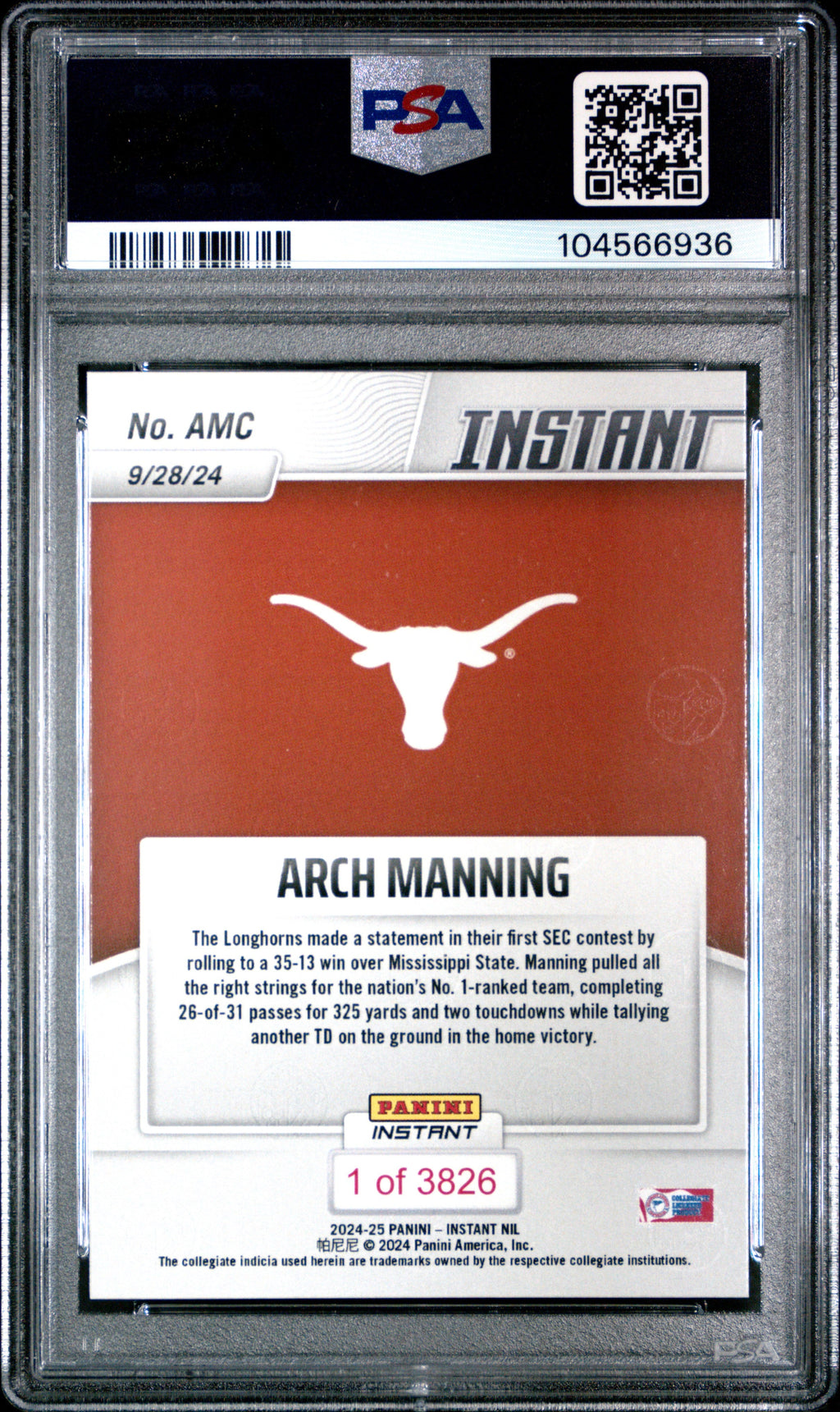 Graded 2024 Panini Instant NIL Arch Manning #AMC Rookie RC Football Card PSA 9 Mint