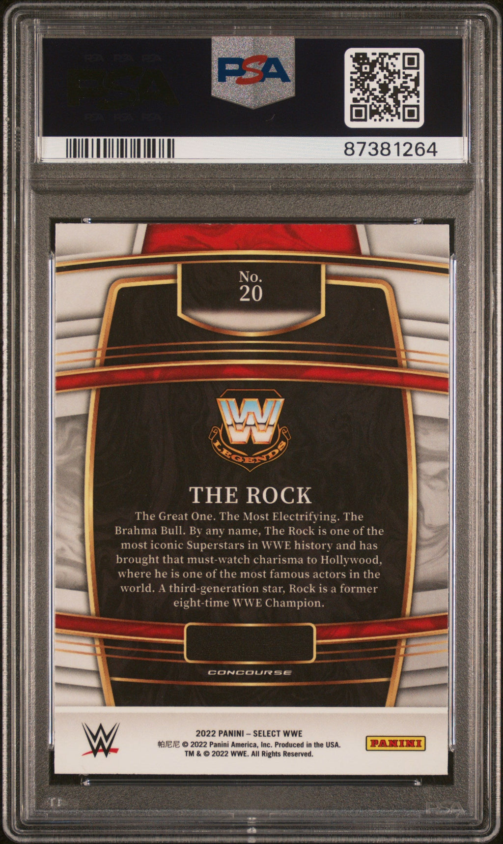 Graded 2022 Panini Select WWE The Rock #20 Red & Blue Wrestling Card PSA 10 Gem Mint