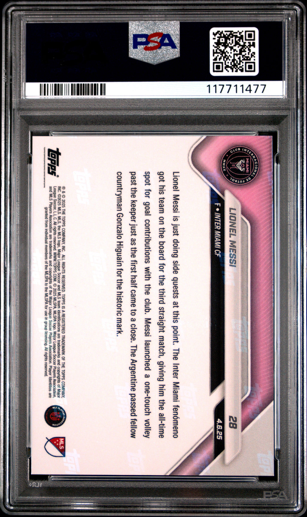 Graded 2025 Topps Now MLS Lionel Messi #28 All Time Franchise Goal Contriubutions Leader Soccer Card PSA 10 Gem Mint