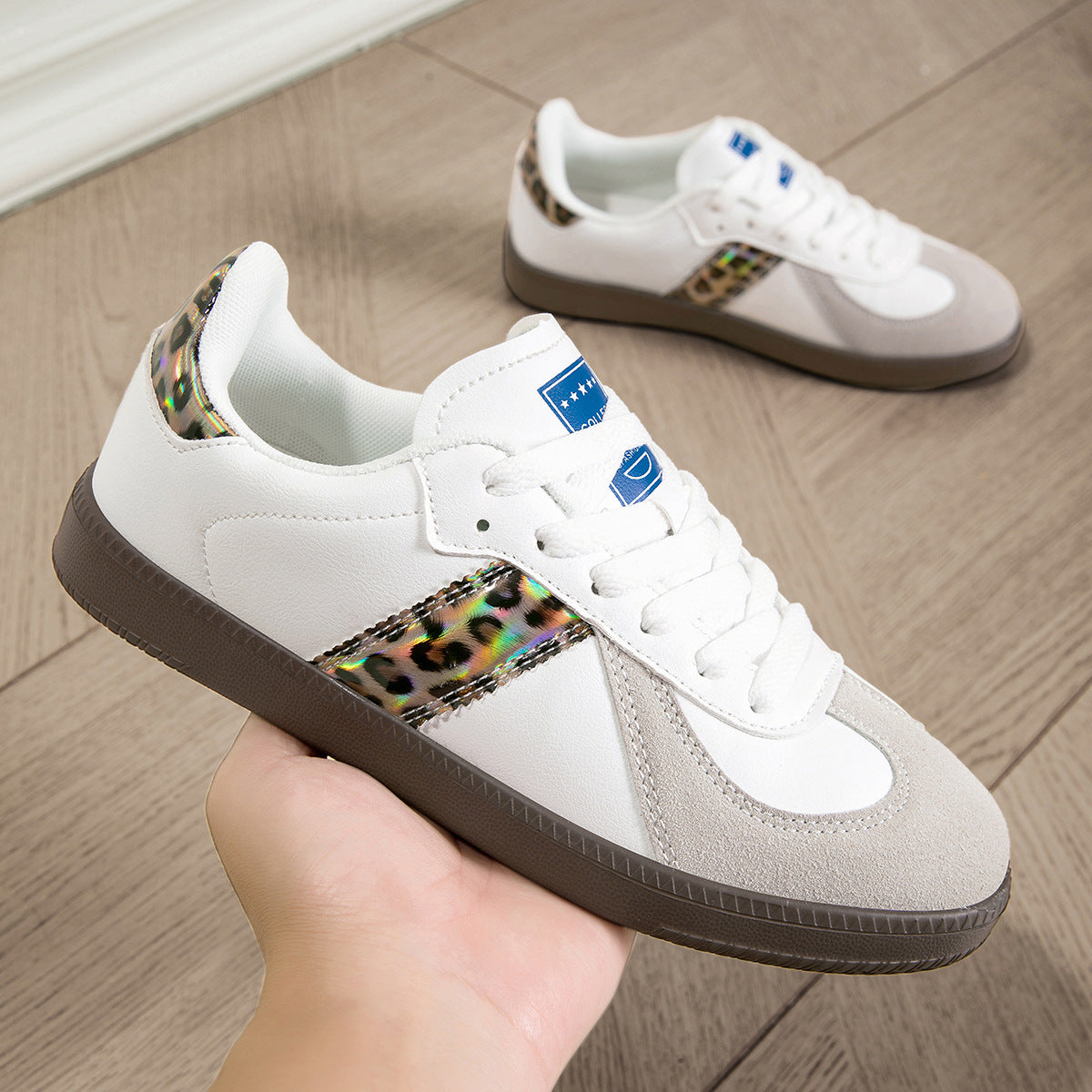 Womens Style White Lace Up Casual Sneakers With A Leopard Print Flat Sole