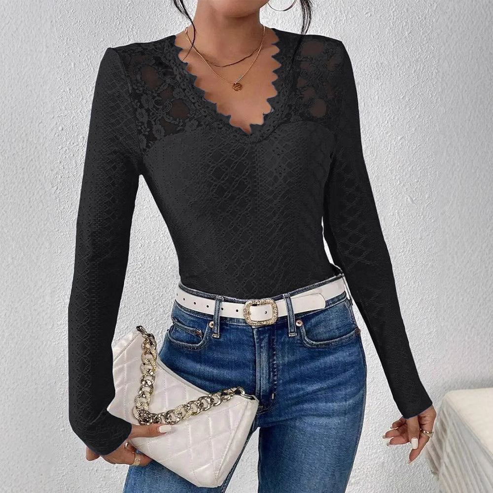 Solid-color V-neck Lace-panel Long-sleeve T-shirt Top For Womenelegant Style